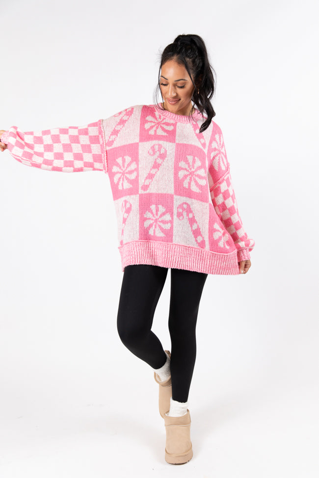 Candy Cane Lane Candy Pattern Sweater Pink DOORBUSTER