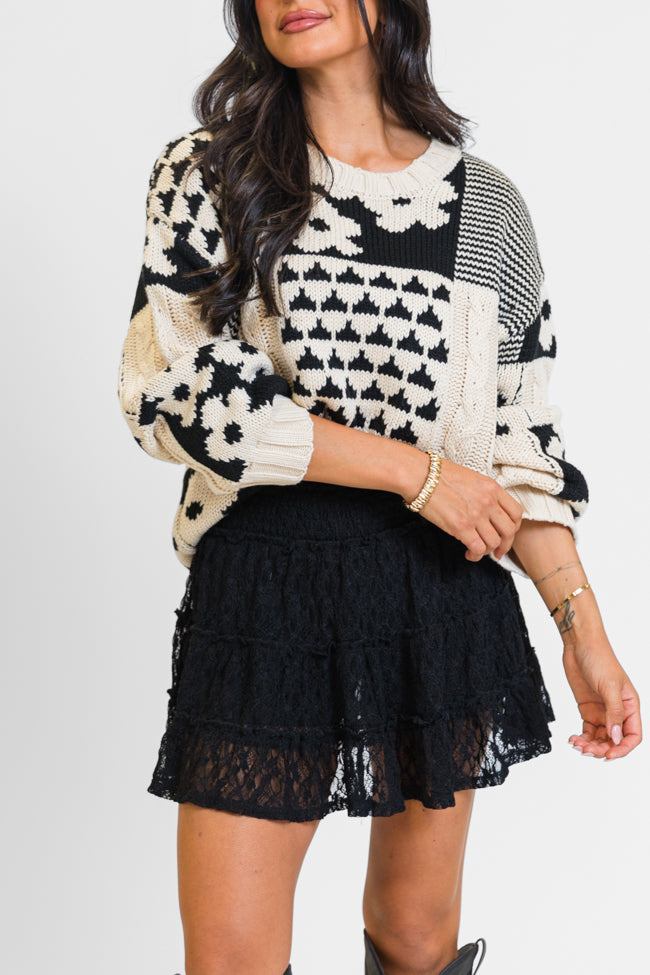 Almost Home Cream and Black Multi Patch Print Chunky Floral Sweater