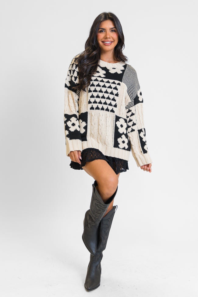 Almost Home Cream and Black Multi Patch Print Chunky Floral Sweater