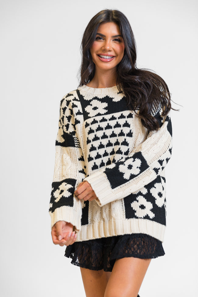 Almost Home Cream and Black Multi Patch Print Chunky Floral Sweater