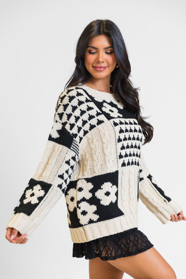 Almost Home Cream and Black Multi Patch Print Chunky Floral Sweater