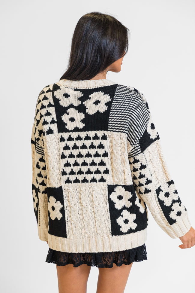 Almost Home Cream and Black Multi Patch Print Chunky Floral Sweater