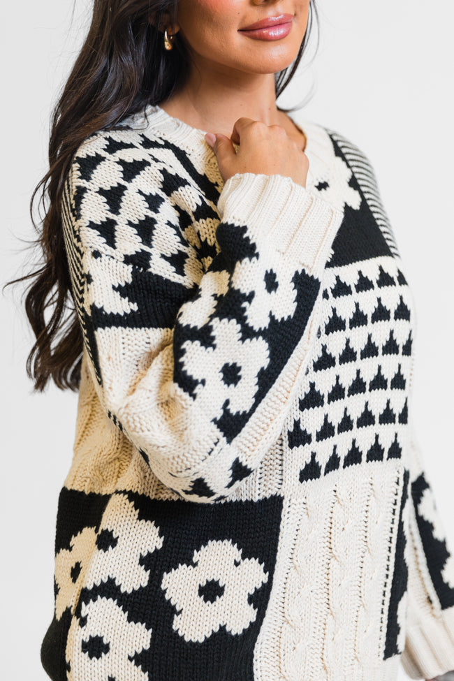 Almost Home Cream and Black Multi Patch Print Chunky Floral Sweater