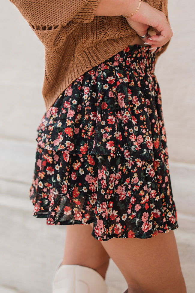 Breezy Black Floral Tiered Skort