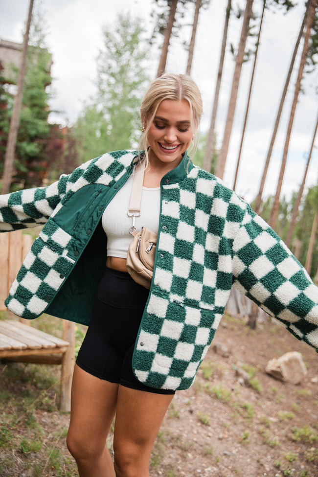 Check This Out Hunter Green Checkered Sherpa Jacket