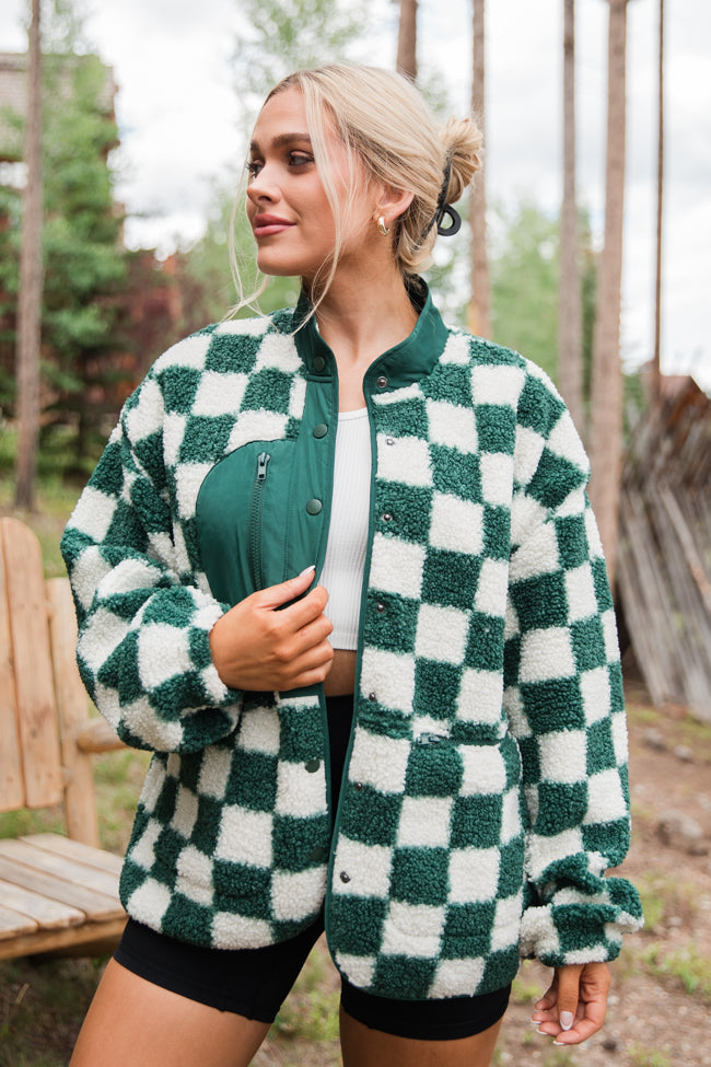 Check This Out Hunter Green Checkered Sherpa Jacket