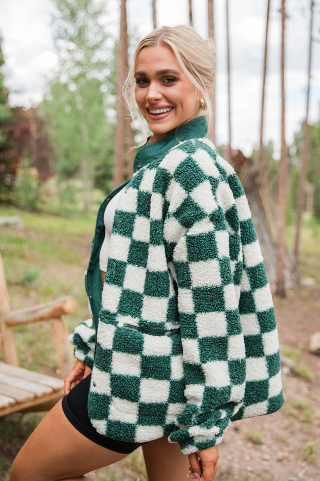 Check This Out Hunter Green Checkered Sherpa Jacket