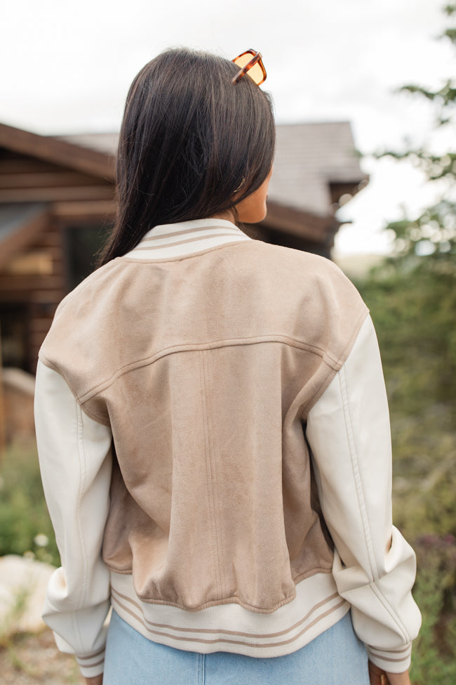 Play The Game Khaki Faux Suede and Leather Varsity Jacket