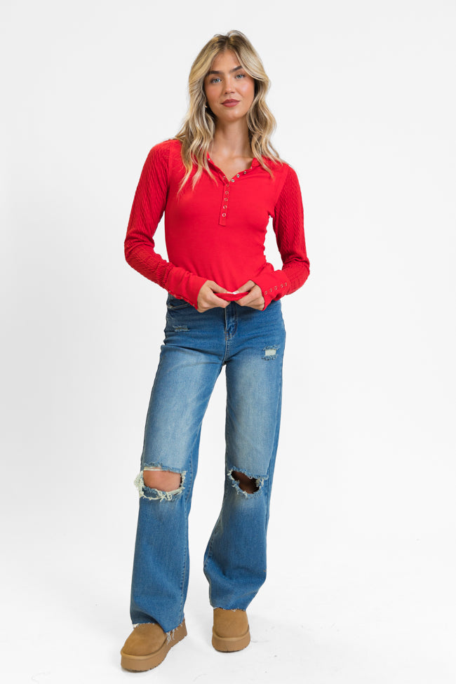 All The Better Red Cable Knit Sleeve Knit Henley Top