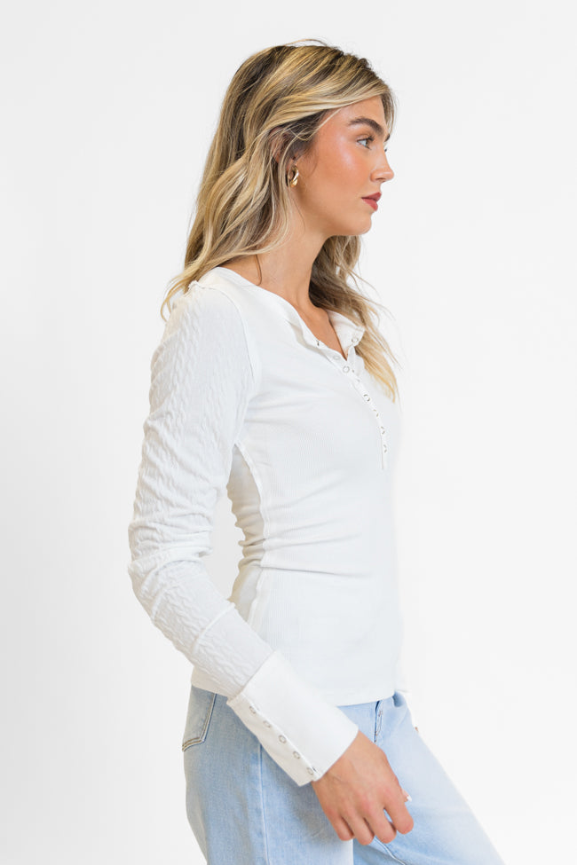 All The Better Ivory Cable Knit Sleeve Knit Henley Top