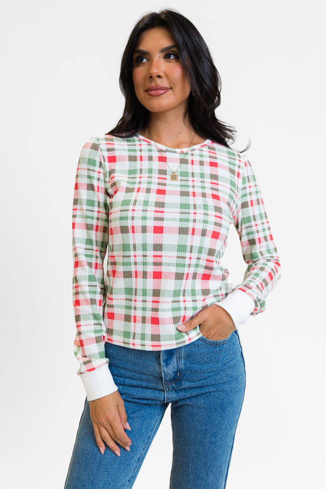 Lazy Plaid Ivory, Red, and Green Print Waffle Layering Top