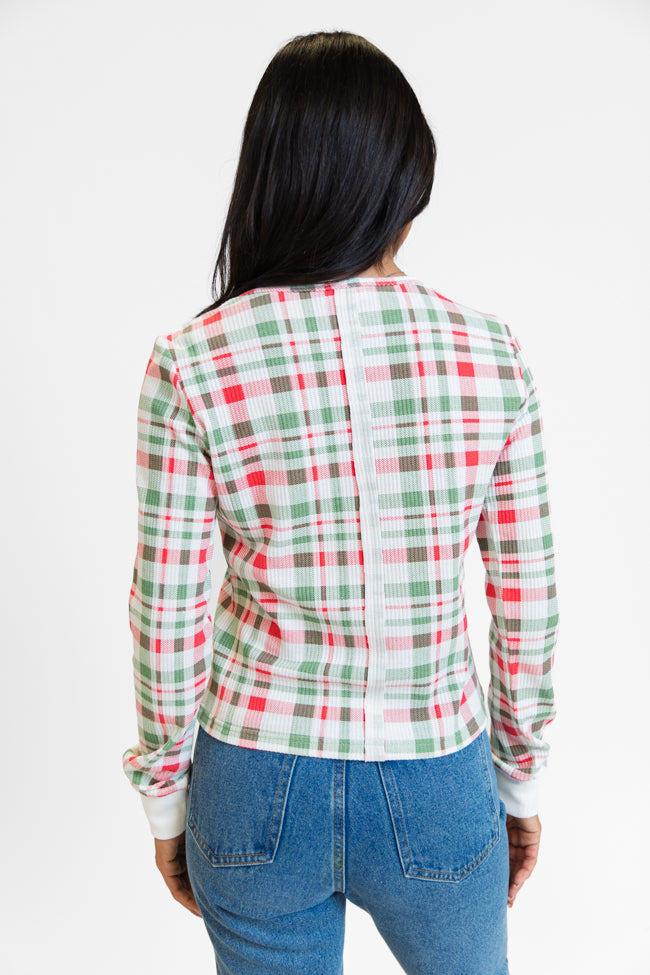 Lazy Plaid Ivory, Red, and Green Print Waffle Layering Top