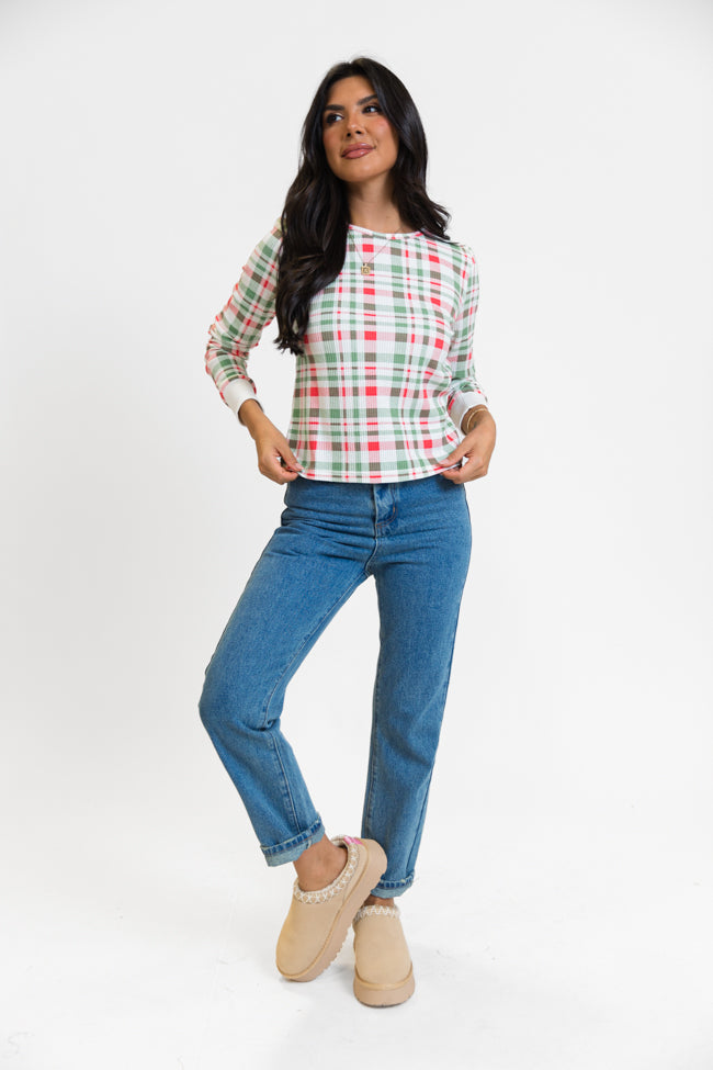 Lazy Plaid Ivory, Red, and Green Print Waffle Layering Top