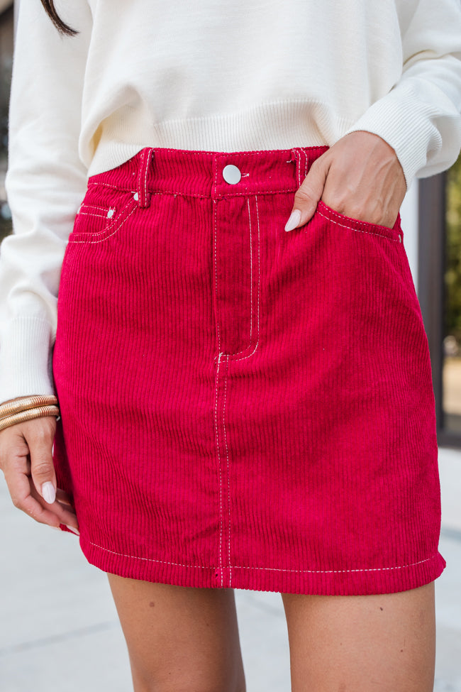 All You've Got Red Bow Embroidered Pocket Corduroy Skirt