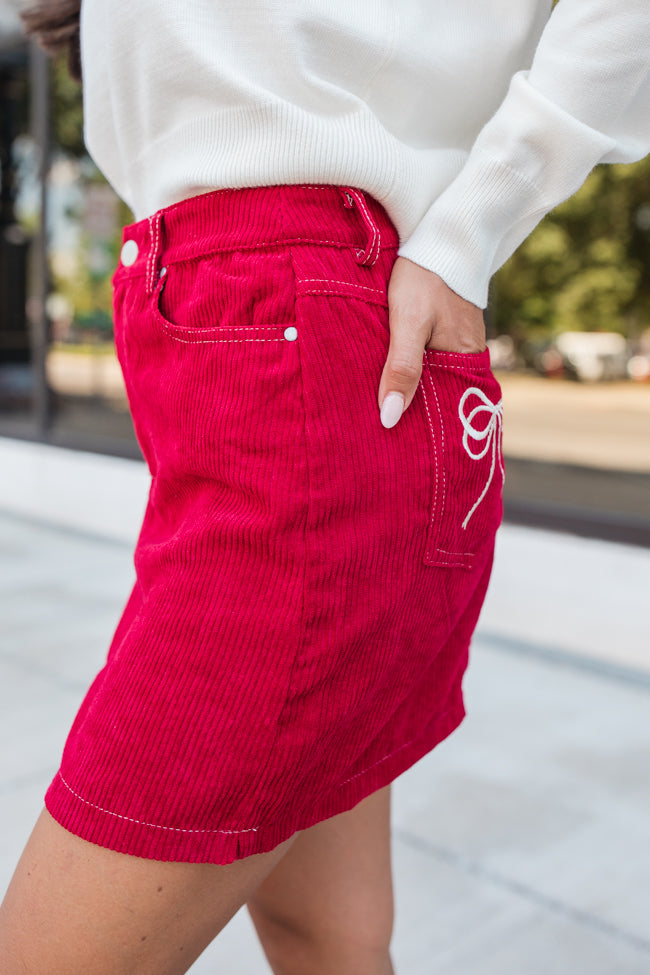 All You've Got Red Bow Embroidered Pocket Corduroy Skirt