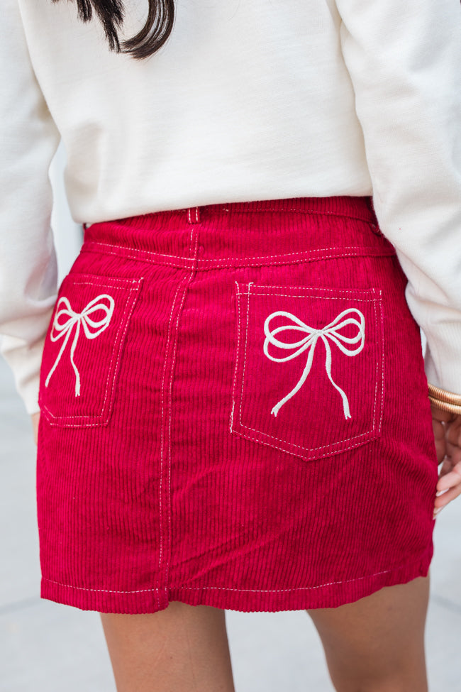 All You've Got Red Bow Embroidered Pocket Corduroy Skirt