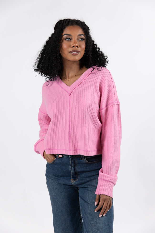 Living Right Pink Ribbed V-Neck Knit Top