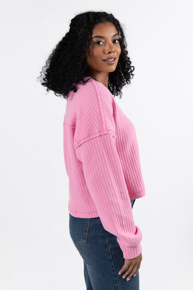 Living Right Pink Ribbed V-Neck Knit Top