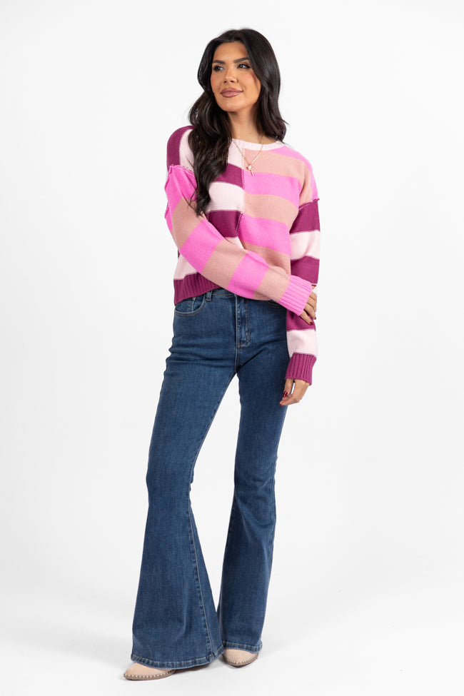 Take Your Time Pink and Berry Multi Color Block Striped Crop Sweater  DOORBUSTER