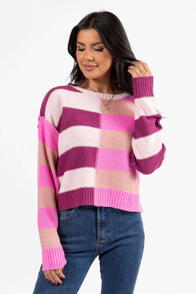 Take Your Time Pink and Berry Multi Color Block Striped Crop Sweater  DOORBUSTER