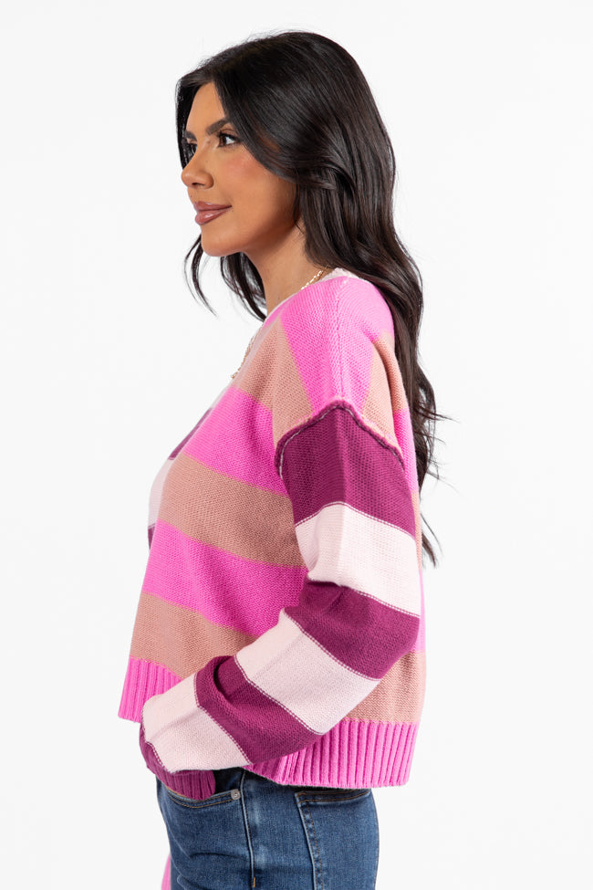 Take Your Time Pink and Berry Multi Color Block Striped Crop Sweater  DOORBUSTER