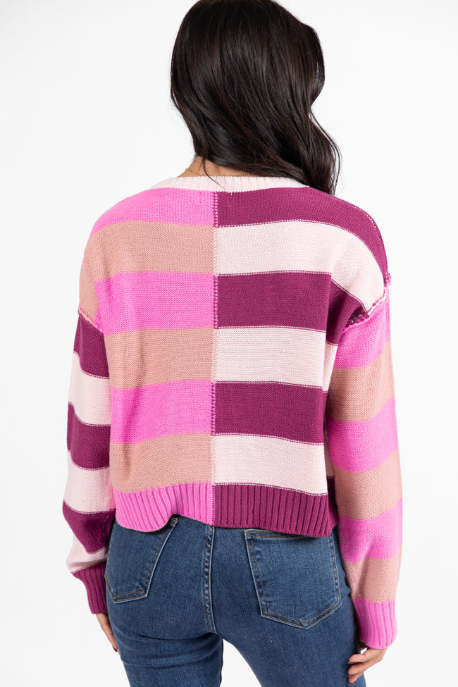 Take Your Time Pink and Berry Multi Color Block Striped Crop Sweater  DOORBUSTER