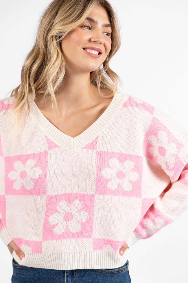 Found A New Way Pink V-Neck Checkered Flower Sweater DOORBUSTER