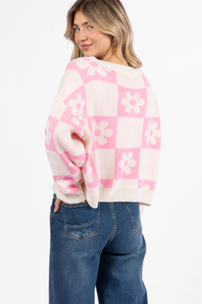 Found A New Way Pink V-Neck Checkered Flower Sweater DOORBUSTER