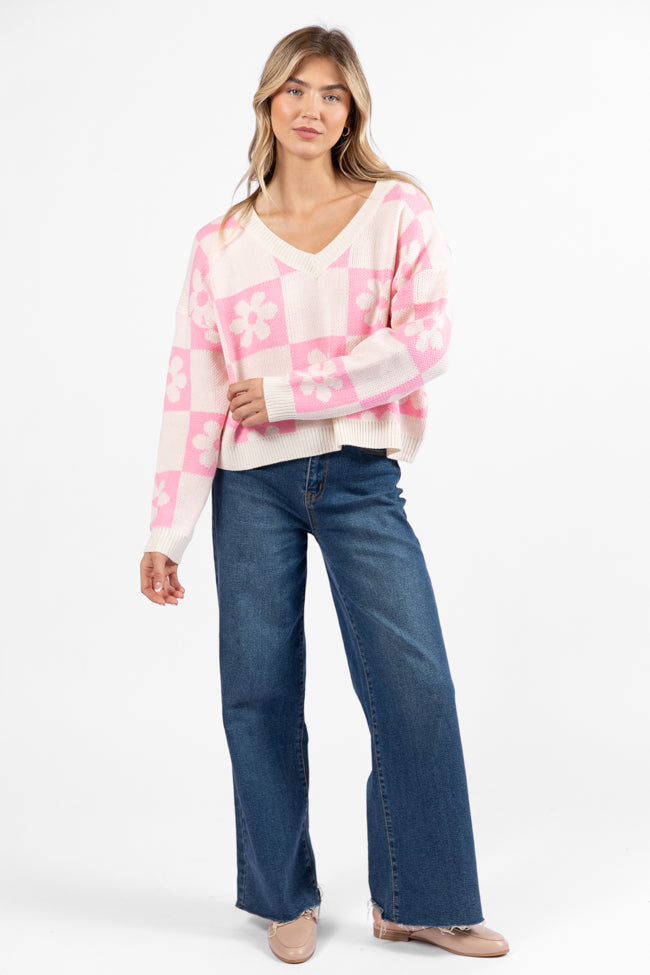 Found A New Way Pink V-Neck Checkered Flower Sweater DOORBUSTER