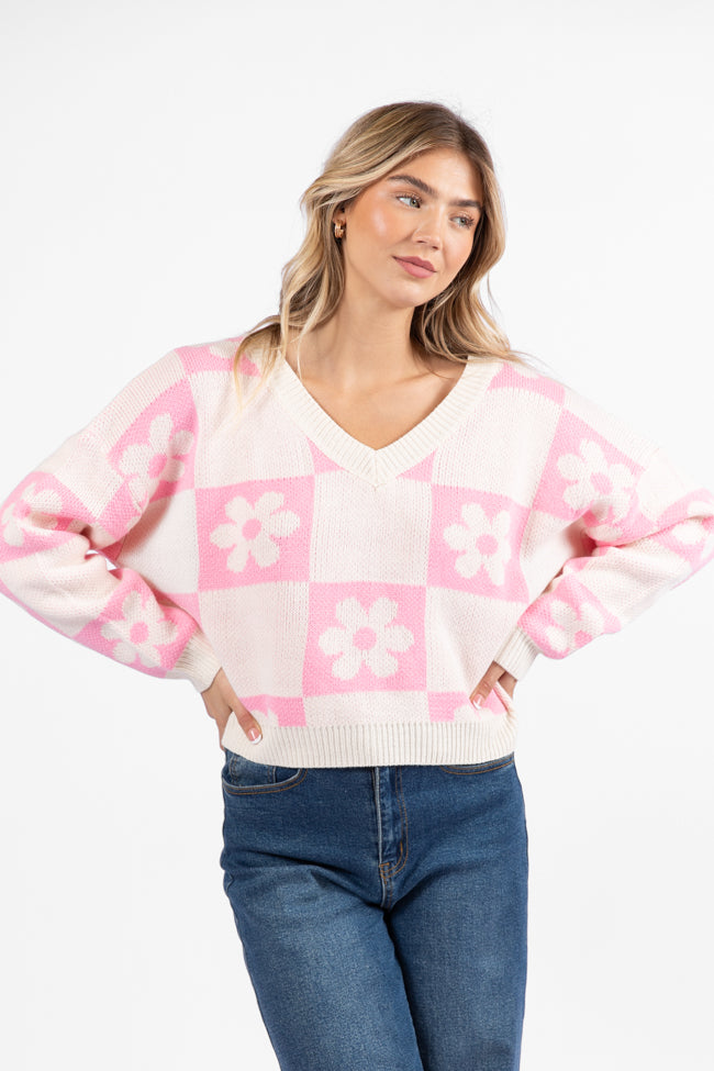 Found A New Way Pink V-Neck Checkered Flower Sweater DOORBUSTER