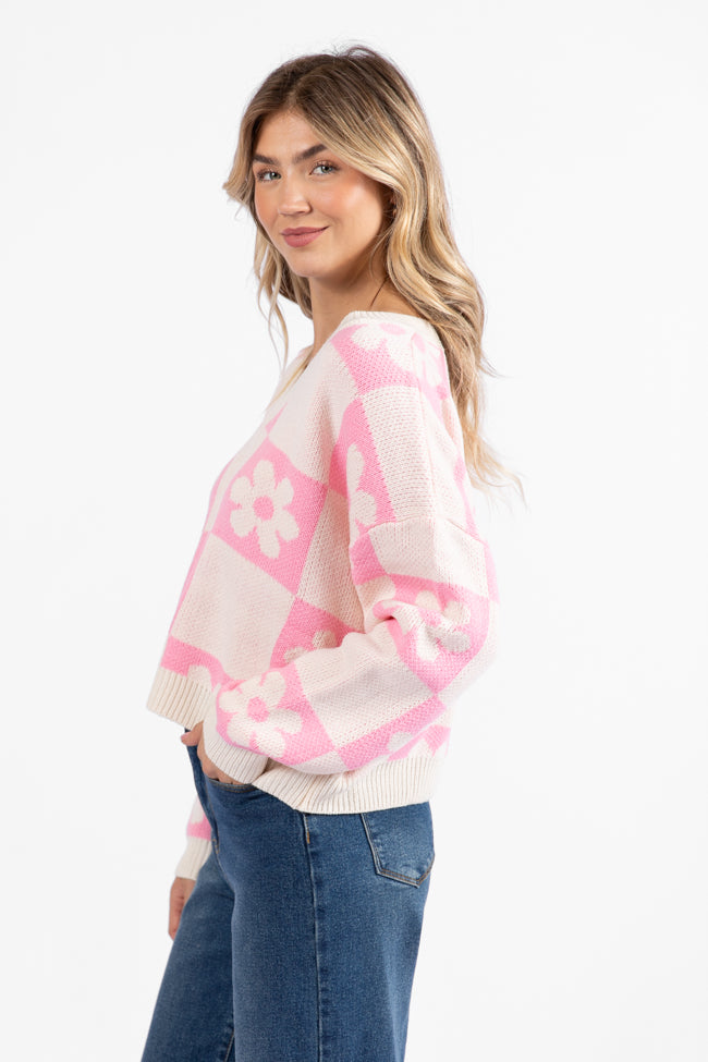 Found A New Way Pink V-Neck Checkered Flower Sweater DOORBUSTER