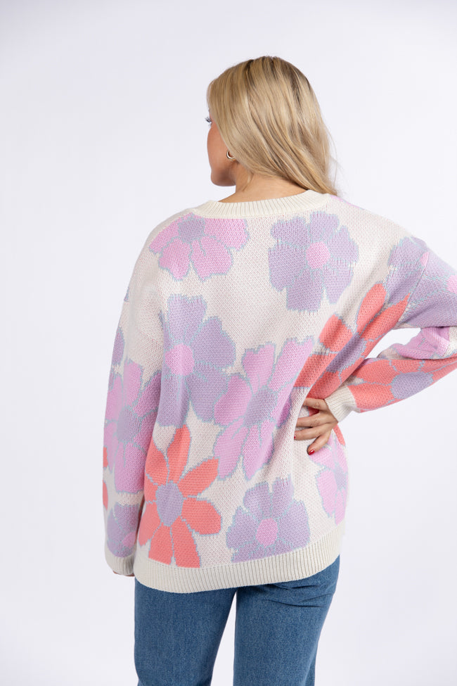 Lively Love Purple and Coral Multi Vneck Floral Print Sweater DOORBUSTER