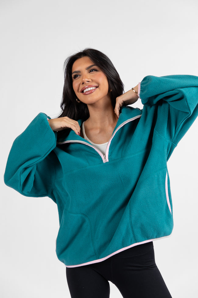 Outside The Box Jade and Pink Contrast Trim Fleece Pullover DOORBUSTER