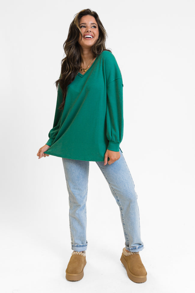 Sending Love Evergreen Oversized Waffle V-Neck Top