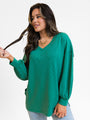 Sending Love Evergreen Oversized Waffle V-Neck Top