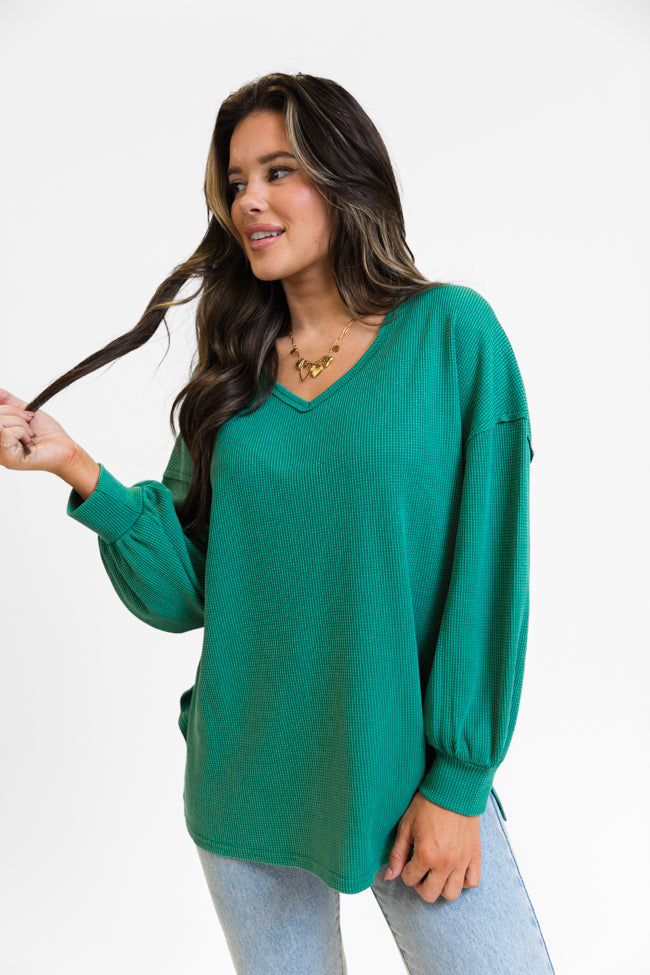 Sending Love Evergreen Oversized Waffle V-Neck Top