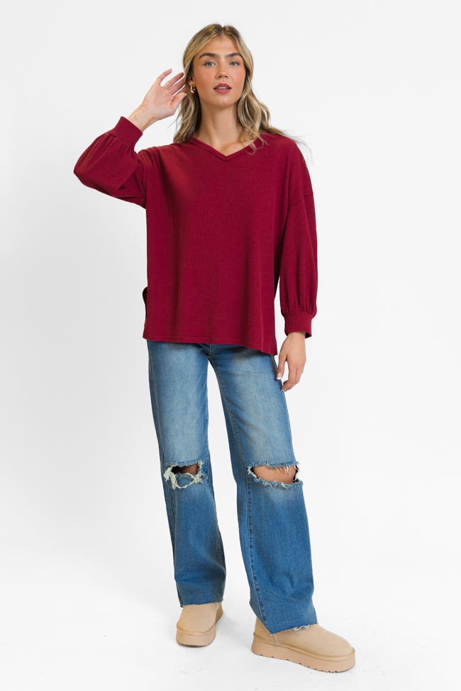 Sending Love Burgundy Oversized Waffle V-Neck Top