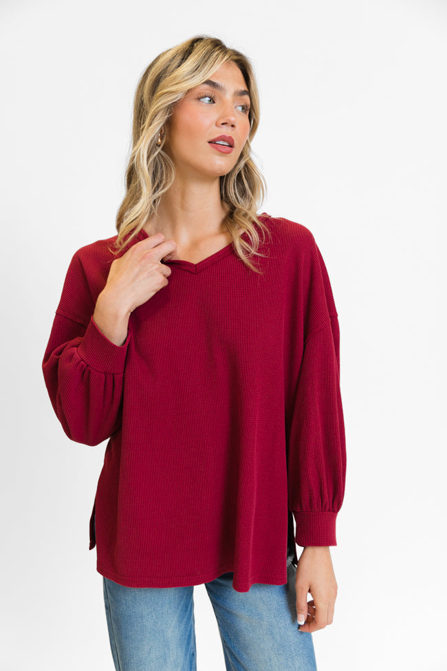 Sending Love Burgundy Oversized Waffle V-Neck Top