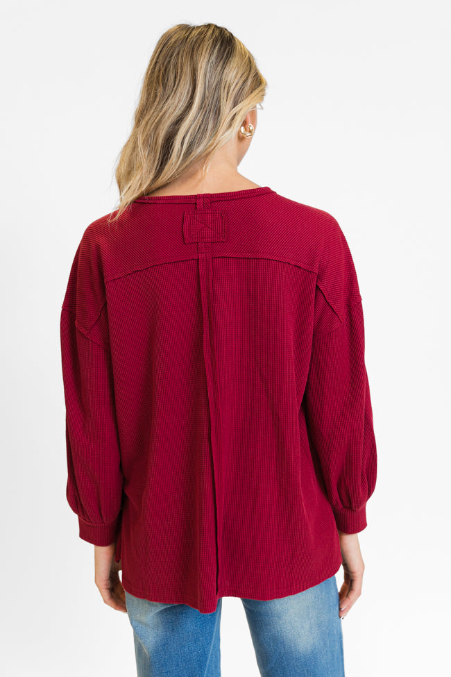 Sending Love Burgundy Oversized Waffle V-Neck Top