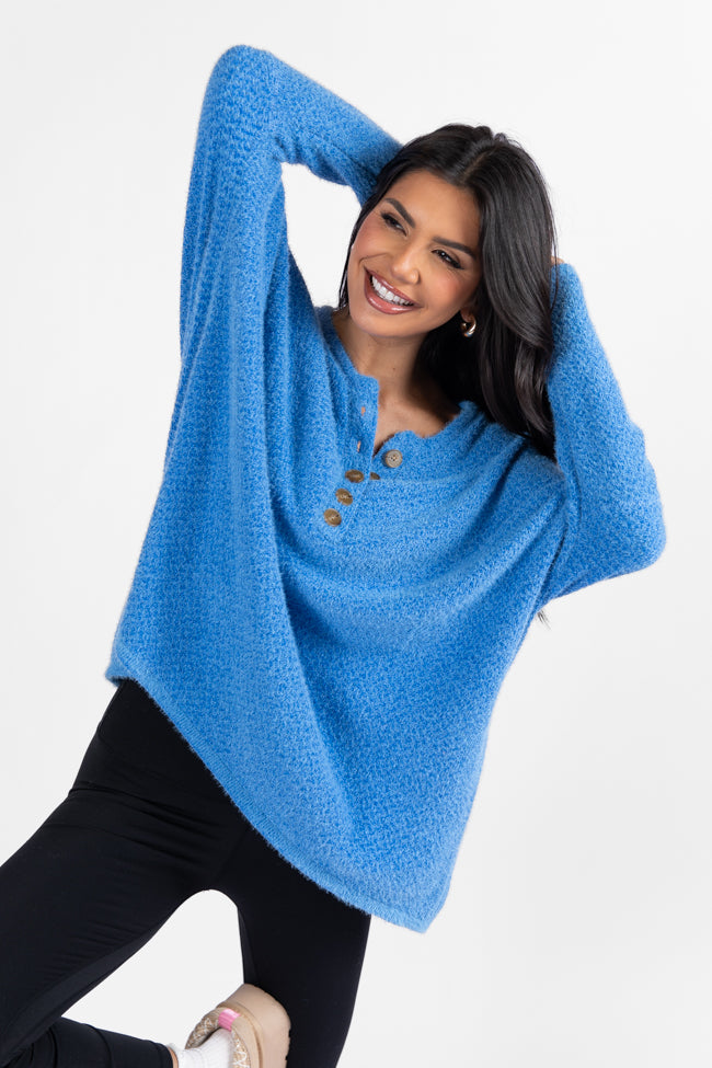 Thinking Of You Blue Fuzzy Henley Blouse DOORBUSTER