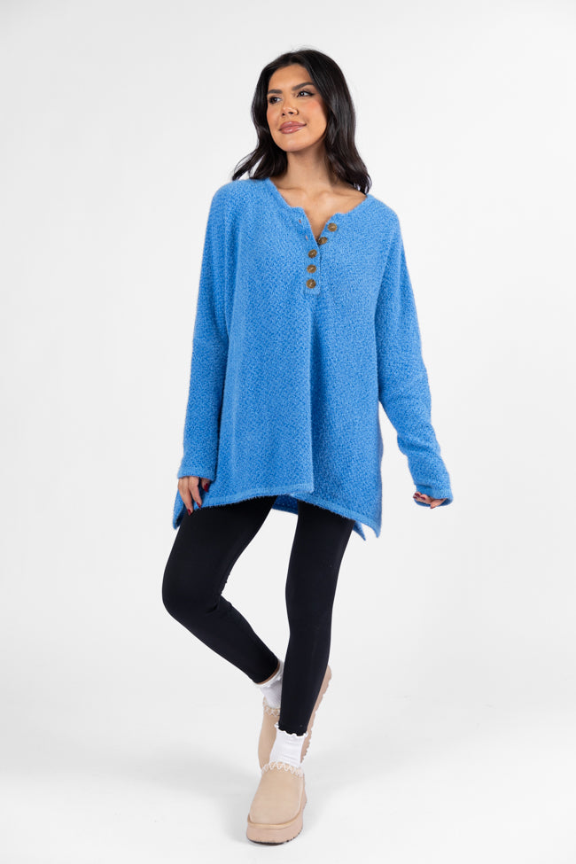 Thinking Of You Blue Fuzzy Henley Blouse DOORBUSTER