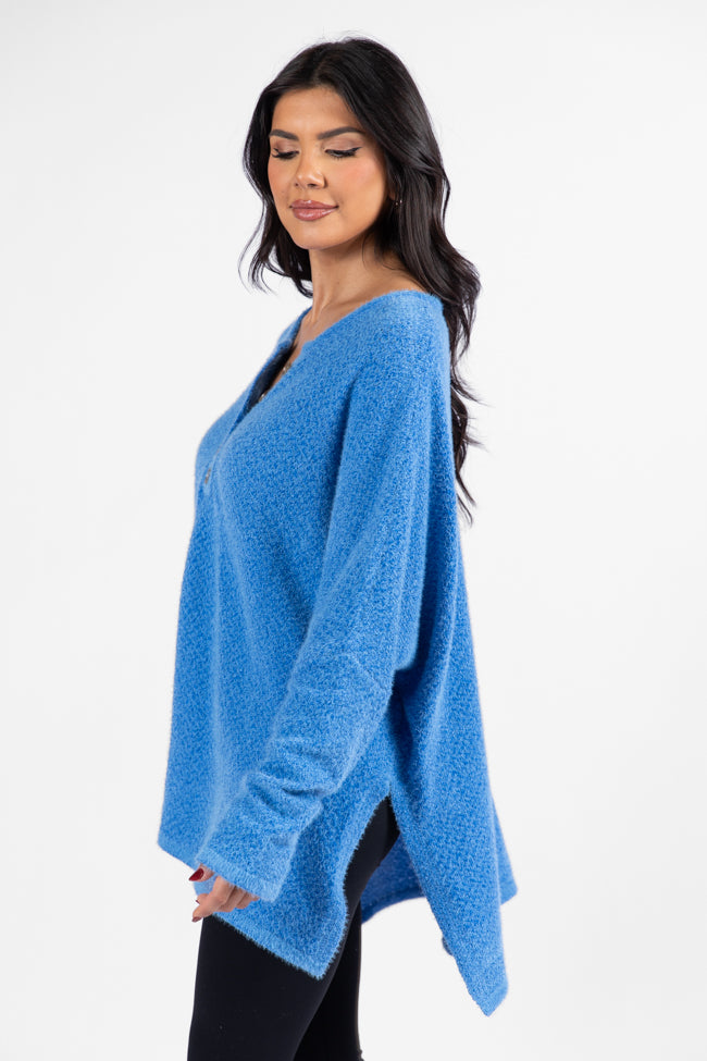 Thinking Of You Blue Fuzzy Henley Blouse DOORBUSTER