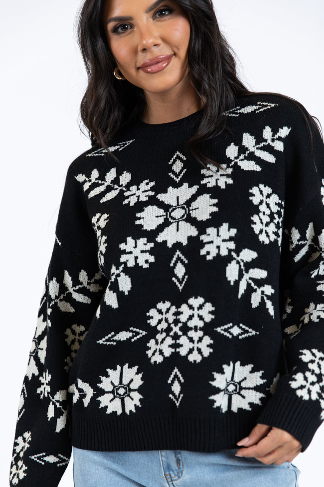 One More Shot Black Snowflake Printed Sweater