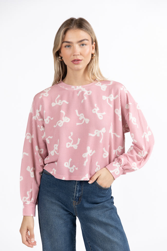 Secret Gardens Pink Bow Ribbed Printed Top