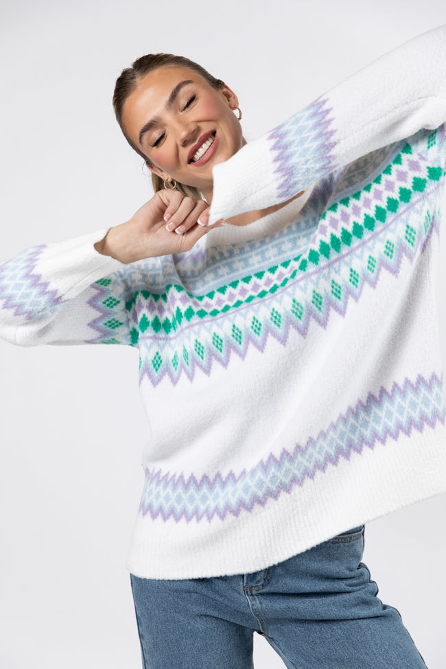 Bundled Up Ivory and Green Multi Oversized Fuzzy Fair Isle Sweater