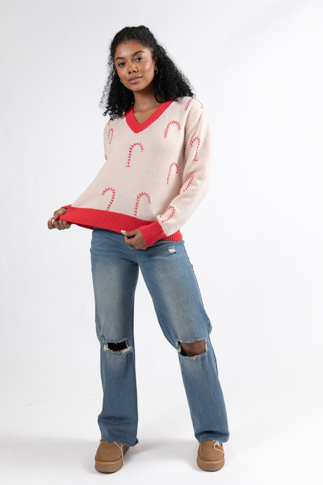 Candy Craze Pink and Red Candy Cane Patch V-Neck Sweater Macy Blackwell X Pink Lily