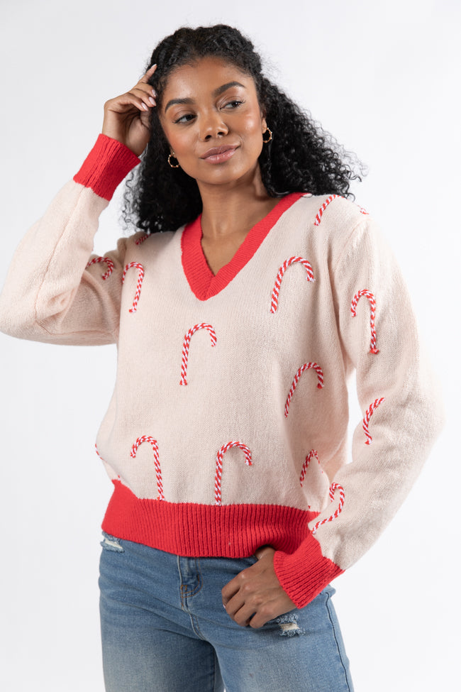 Candy Craze Pink and Red Candy Cane Patch V-Neck Sweater Macy Blackwell X Pink Lily