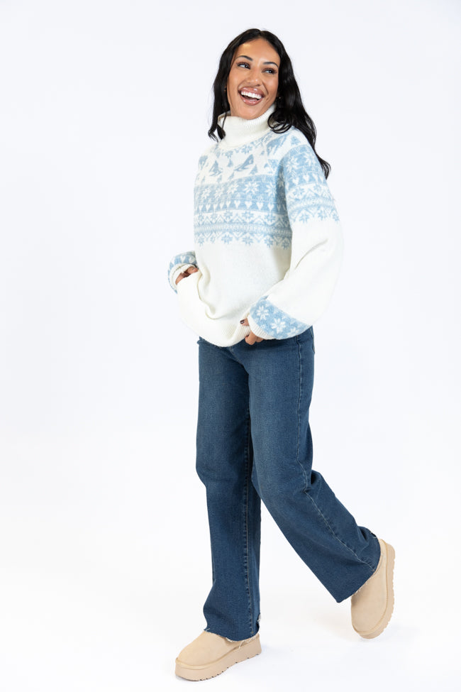 For The Best Ivory and Blue Ski Print Fair Isle Turtleneck Sweater