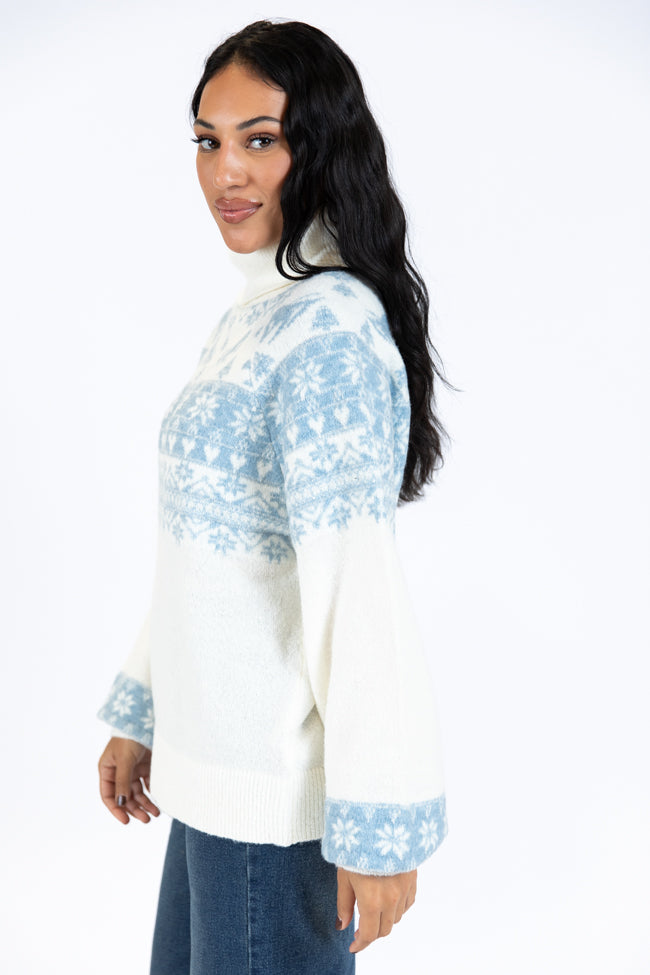 For The Best Ivory and Blue Ski Print Fair Isle Turtleneck Sweater