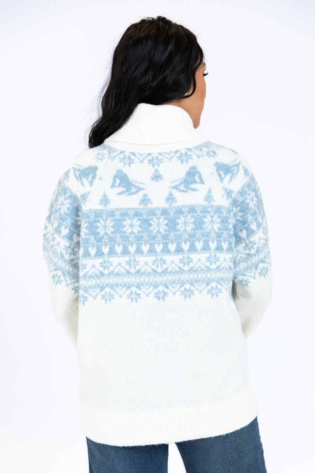 For The Best Ivory and Blue Ski Print Fair Isle Turtleneck Sweater